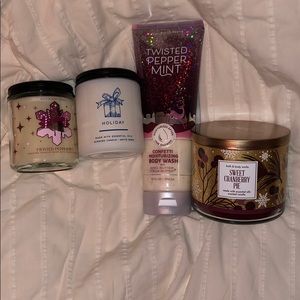 3 candles and body wash bath and body works